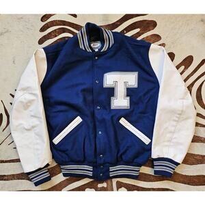 Neff letterman Varsity Letter Jacket Wool Blend Snap Button Blue White "T" Sz L